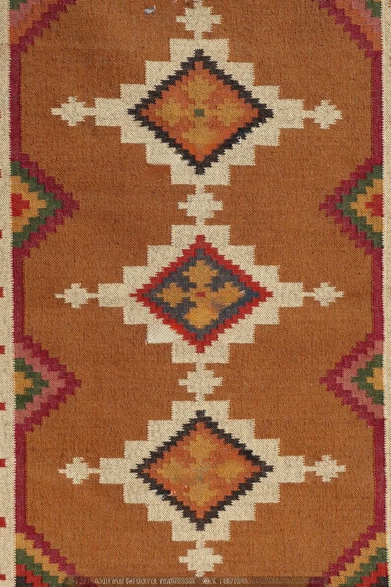 Wool Jute Rug Kilim Traditional Rustic Look Dhurrie Living Room Bedroom Carpet (KLM-65)