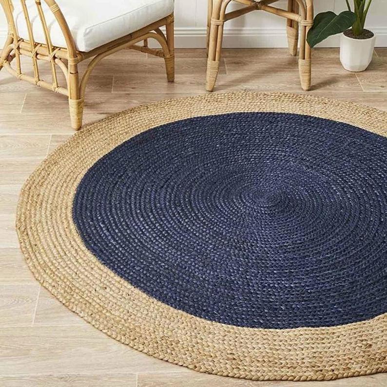 Ripaz Vogue - Tapis rond en jute tressé à la main - Paillasson de ferme en jute bleu avec bordure beige 