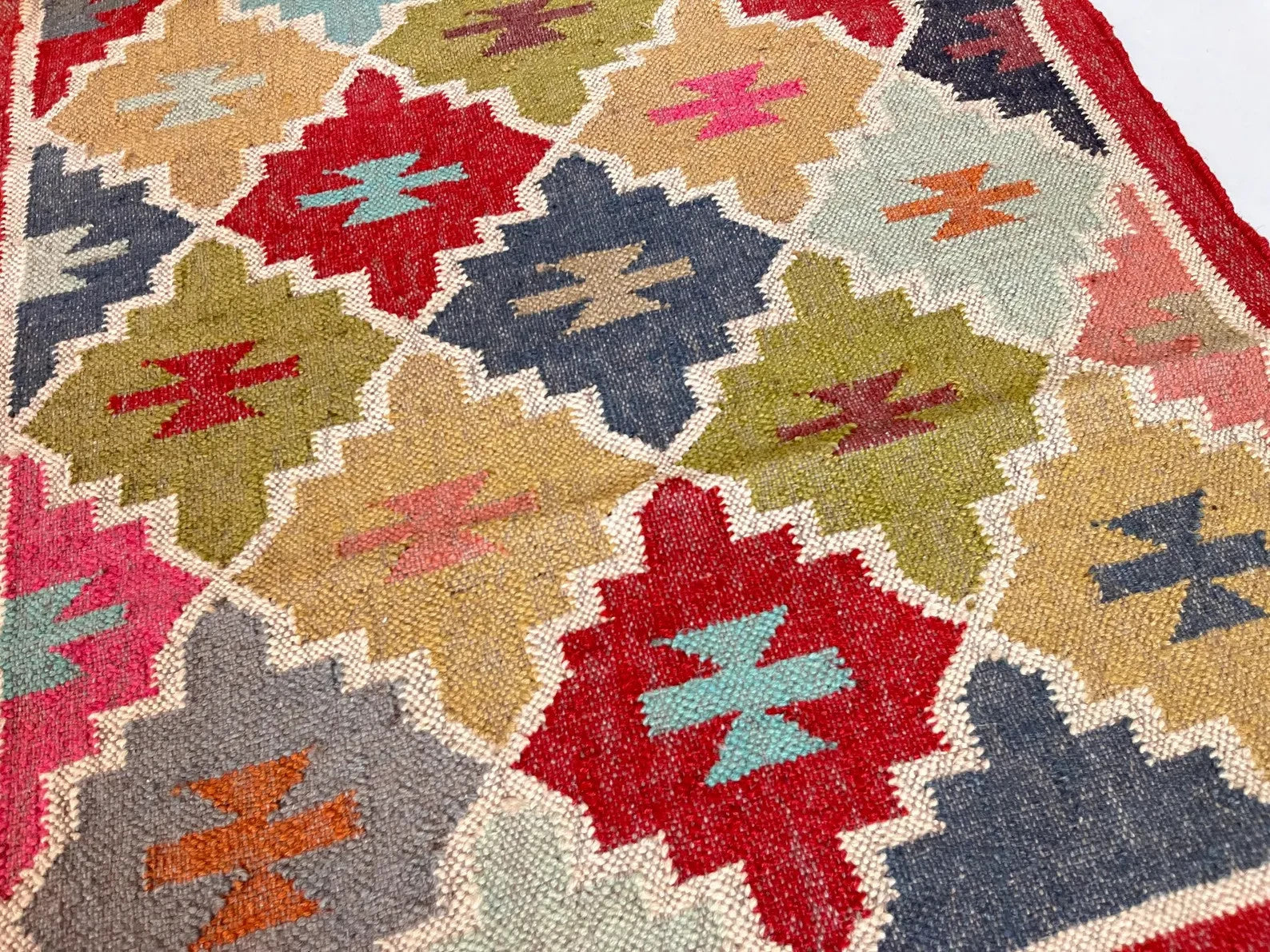 Wool Jute Rug Kilim Traditional Rustic Look Dhurrie Living Room Bedroom Carpet (KLM-34)