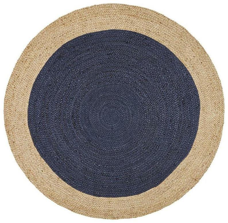 Ripaz Vogue - Tapis rond en jute tressé à la main - Paillasson de ferme en jute bleu avec bordure beige 