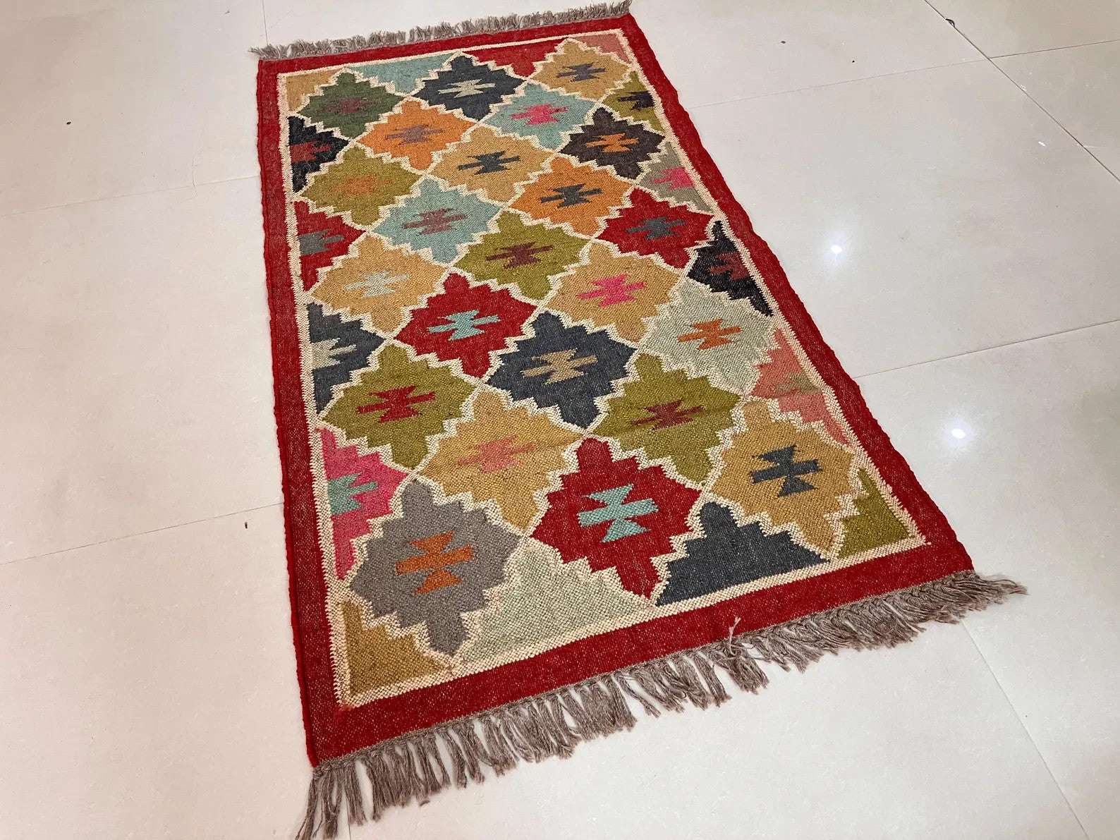 Wool Jute Rug Kilim Traditional Rustic Look Dhurrie Living Room Bedroom Carpet (KLM-34)