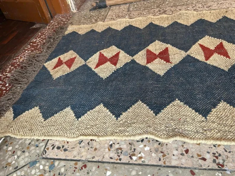 Wool Jute Rug Kilim Traditional Rustic Look Dhurrie Living Room Bedroom Carpet (KLM-35)
