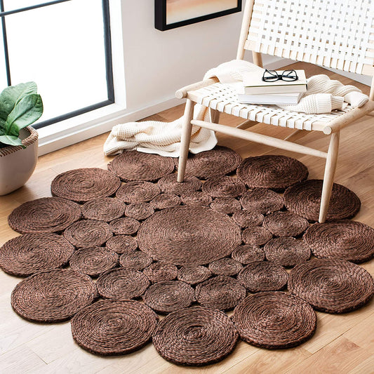 Jute Rug Round Circle Design Braided Jute Area Rug, Brown