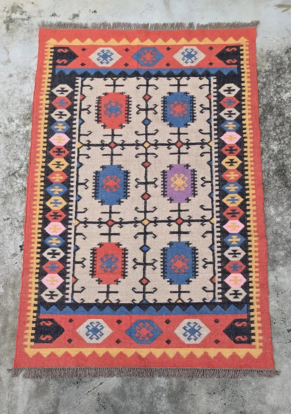 Wool Jute Rug Kilim Traditional Rustic Look Dhurrie Living Room Bedroom Carpet (KLM-13)