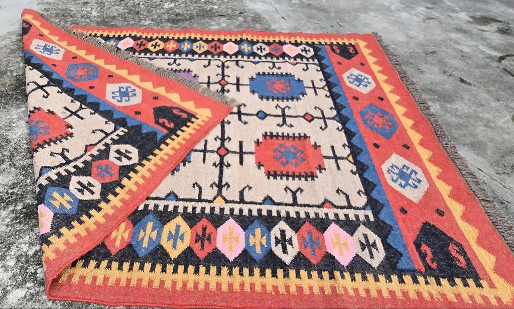 Wool Jute Rug Kilim Traditional Rustic Look Dhurrie Living Room Bedroom Carpet (KLM-13)