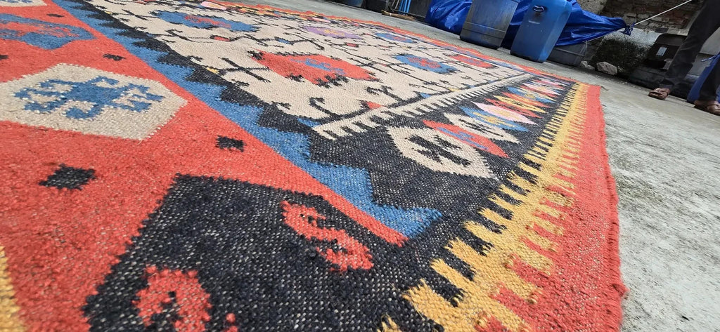 Wool Jute Rug Kilim Traditional Rustic Look Dhurrie Living Room Bedroom Carpet (KLM-13)