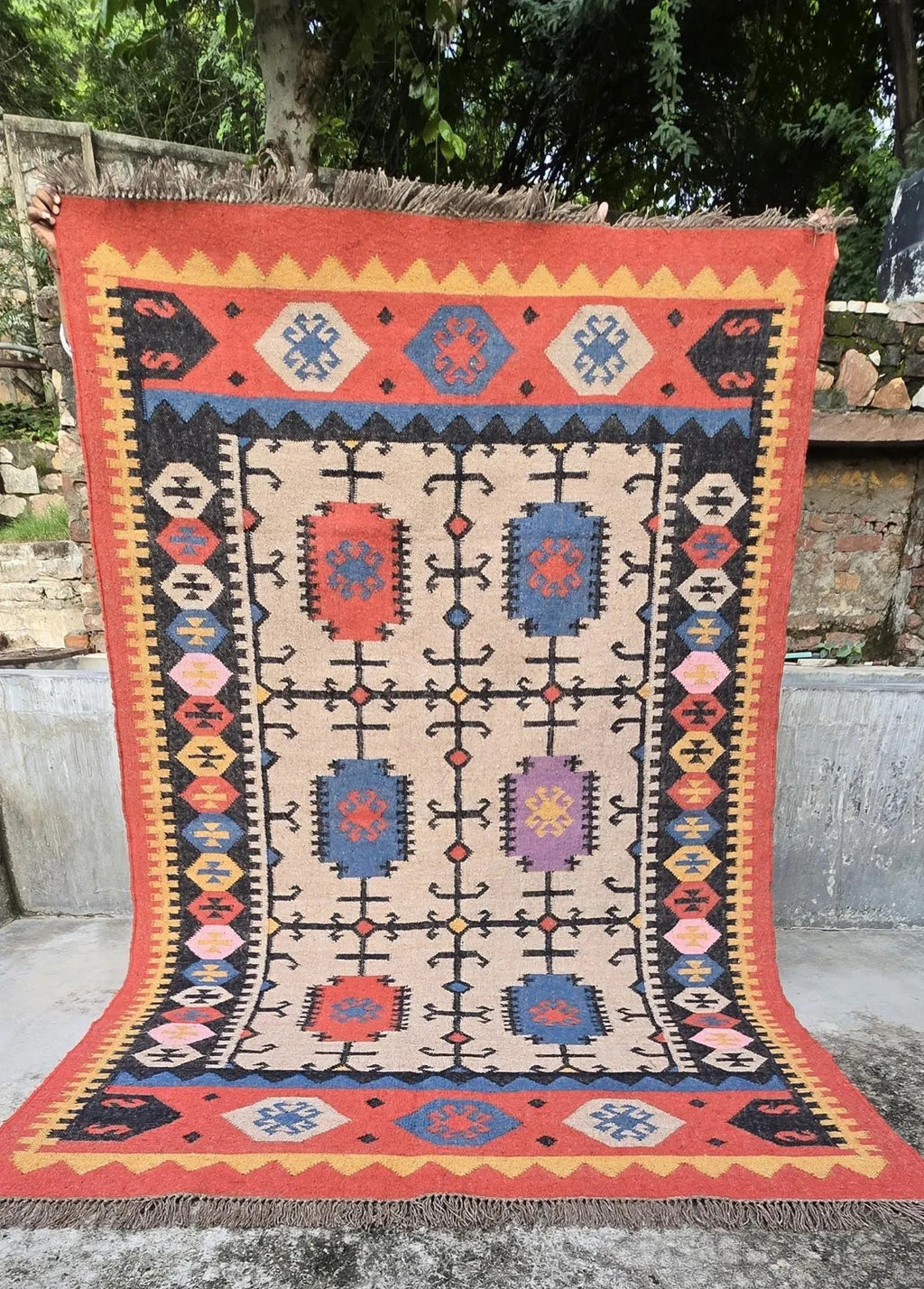 Wool Jute Rug Kilim Traditional Rustic Look Dhurrie Living Room Bedroom Carpet (KLM-14)