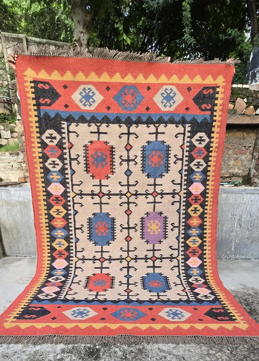 Wool Jute Rug Kilim Traditional Rustic Look Dhurrie Living Room Bedroom Carpet (KLM-14)