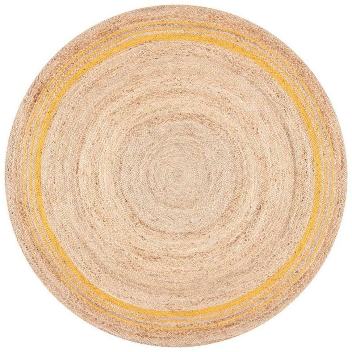 Ripaz Vogue - Runder Teppich aus Jute, handgeflochten, rustikaler Look, gelb mit natürlichem Rand 