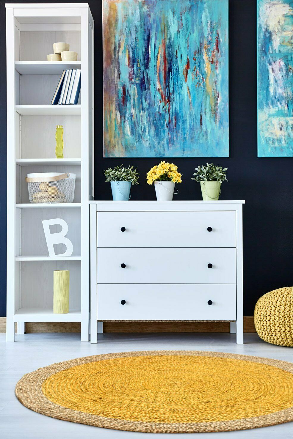 Ripaz Vogue - Tapis rond en jute tressé à la main aspect rustique jaune avec bordure beige 