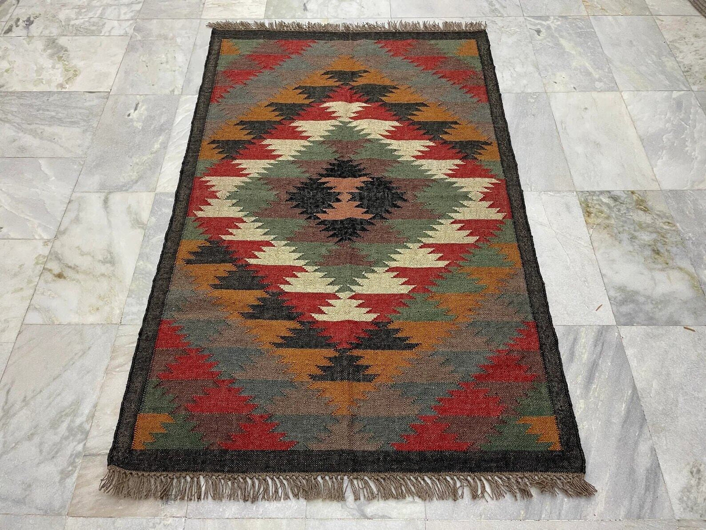 Wool Jute Rug Kilim Traditional Rustic Look Dhurrie Living Room Bedroom Carpet (KLM-43)