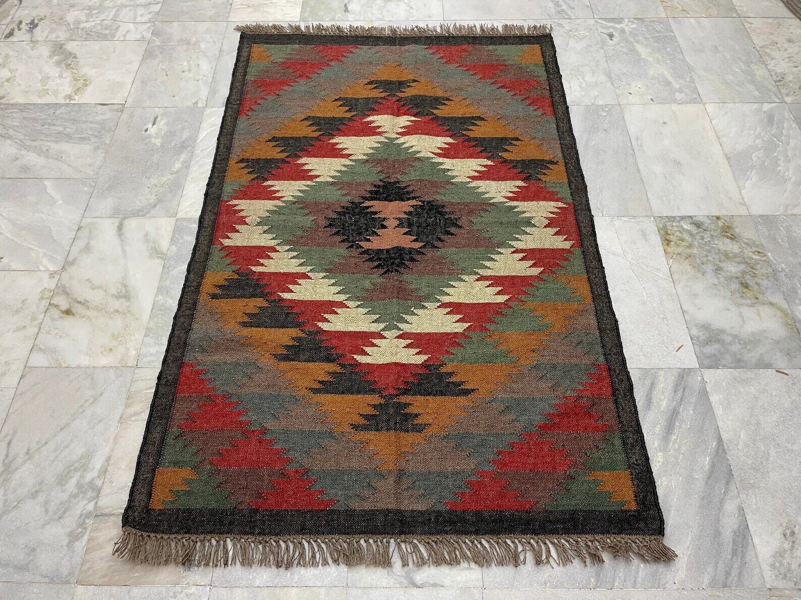 Wool Jute Rug Kilim Traditional Rustic Look Dhurrie Living Room Bedroom Carpet (KLM-43)