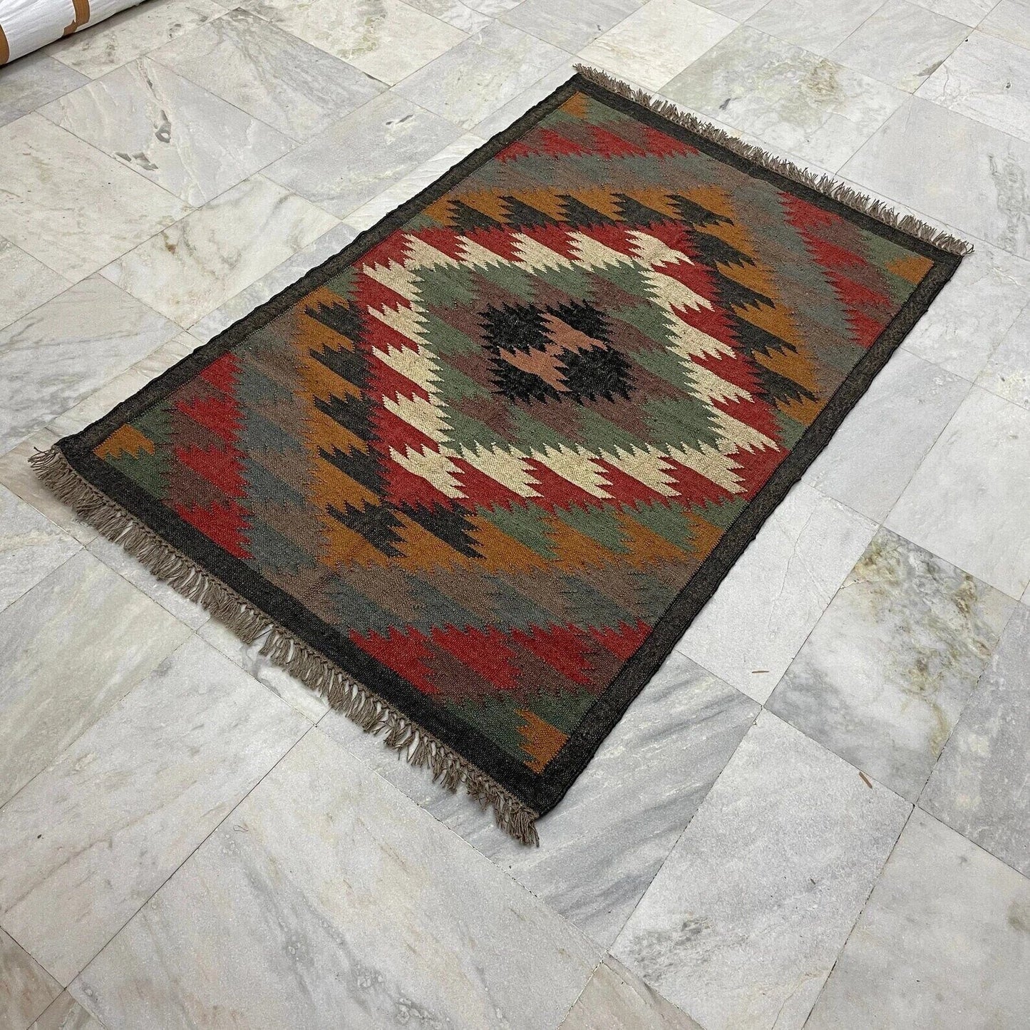 Wool Jute Rug Kilim Traditional Rustic Look Dhurrie Living Room Bedroom Carpet (KLM-43)