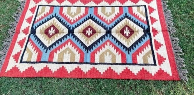 Wool Jute Rug Kilim Traditional Rustic Look Dhurrie Living Room Bedroom Carpet (KLM-14)