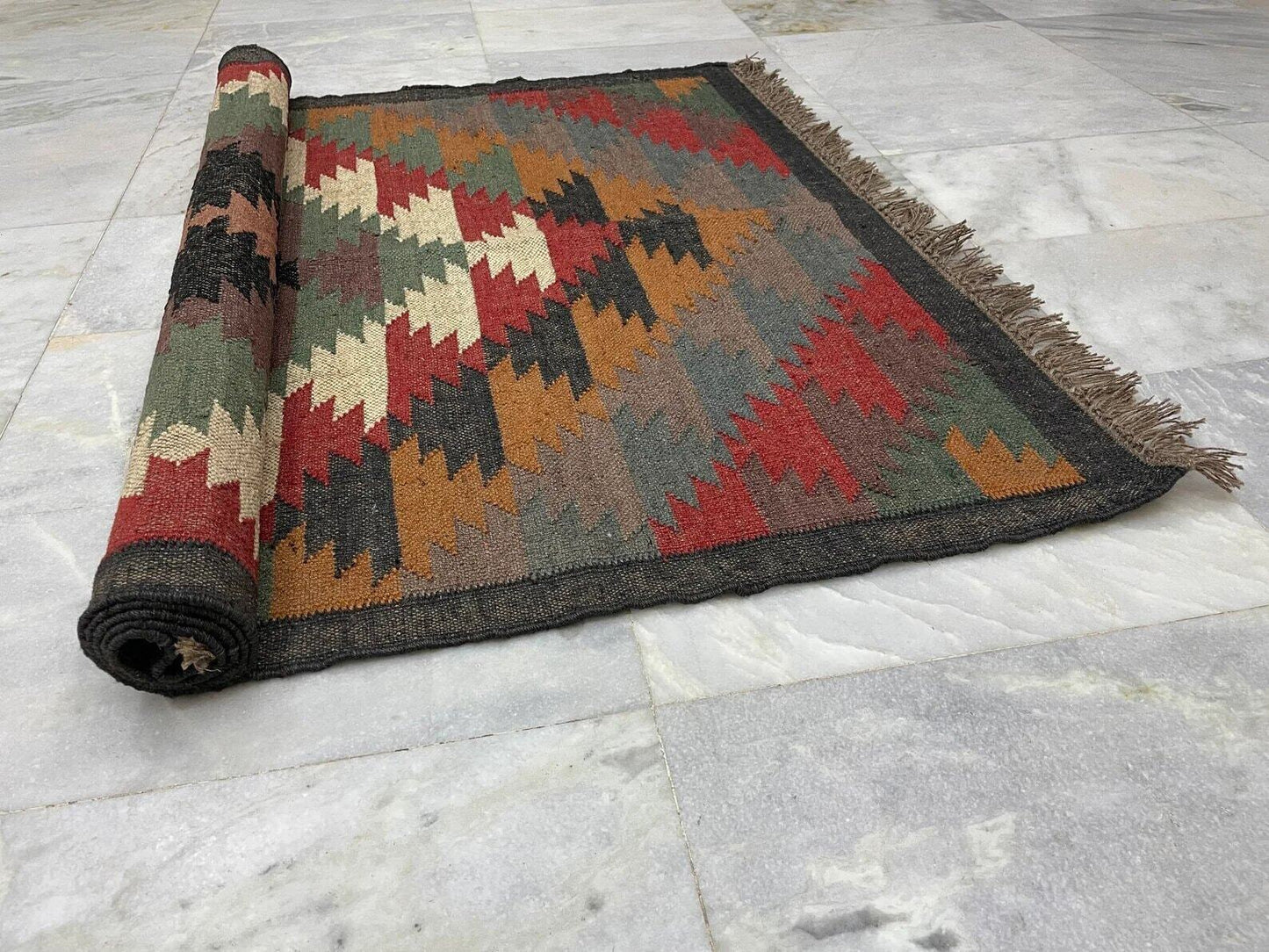 Wool Jute Rug Kilim Traditional Rustic Look Dhurrie Living Room Bedroom Carpet (KLM-43)