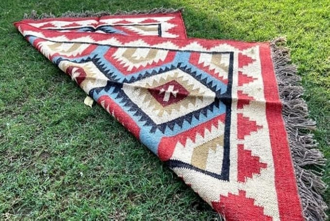 Wool Jute Rug Kilim Traditional Rustic Look Dhurrie Living Room Bedroom Carpet (KLM-14)