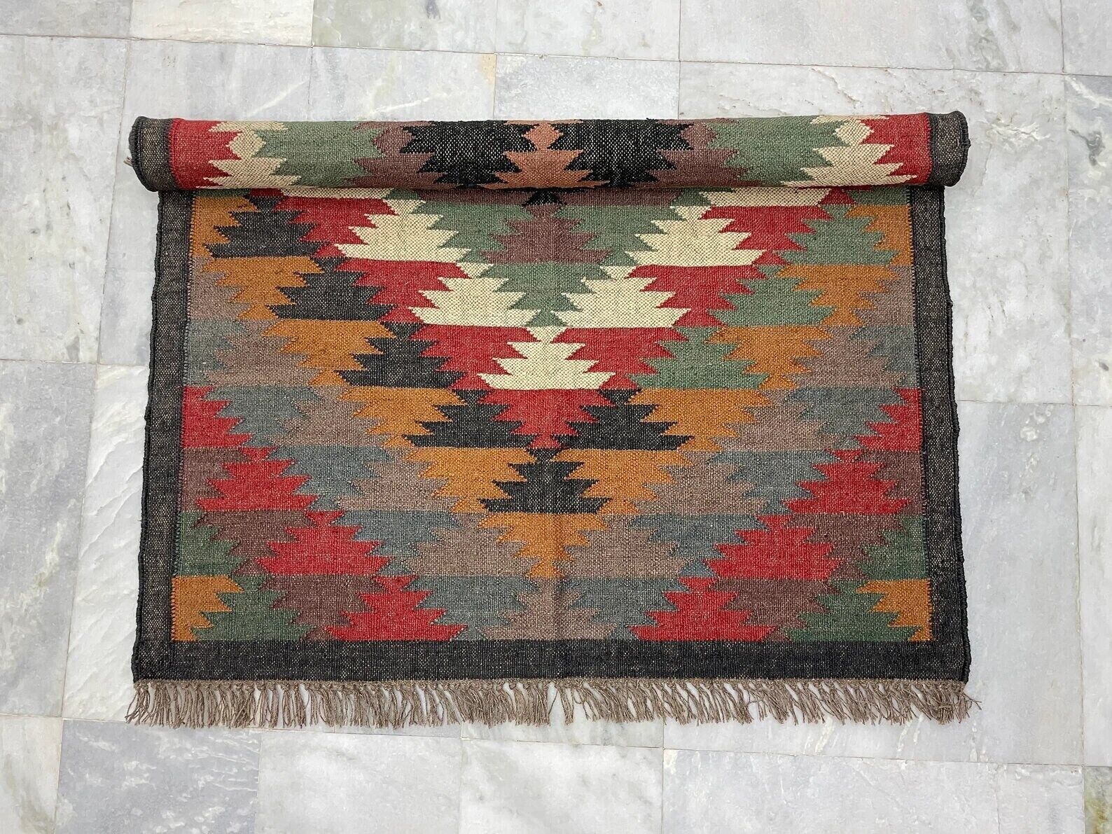 Wool Jute Rug Kilim Traditional Rustic Look Dhurrie Living Room Bedroom Carpet (KLM-43)