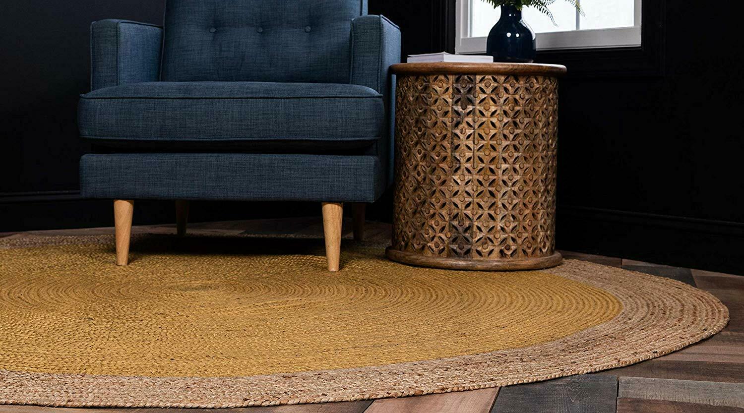 Ripaz Vogue - Tapis rond en jute tressé à la main aspect rustique jaune avec bordure beige 