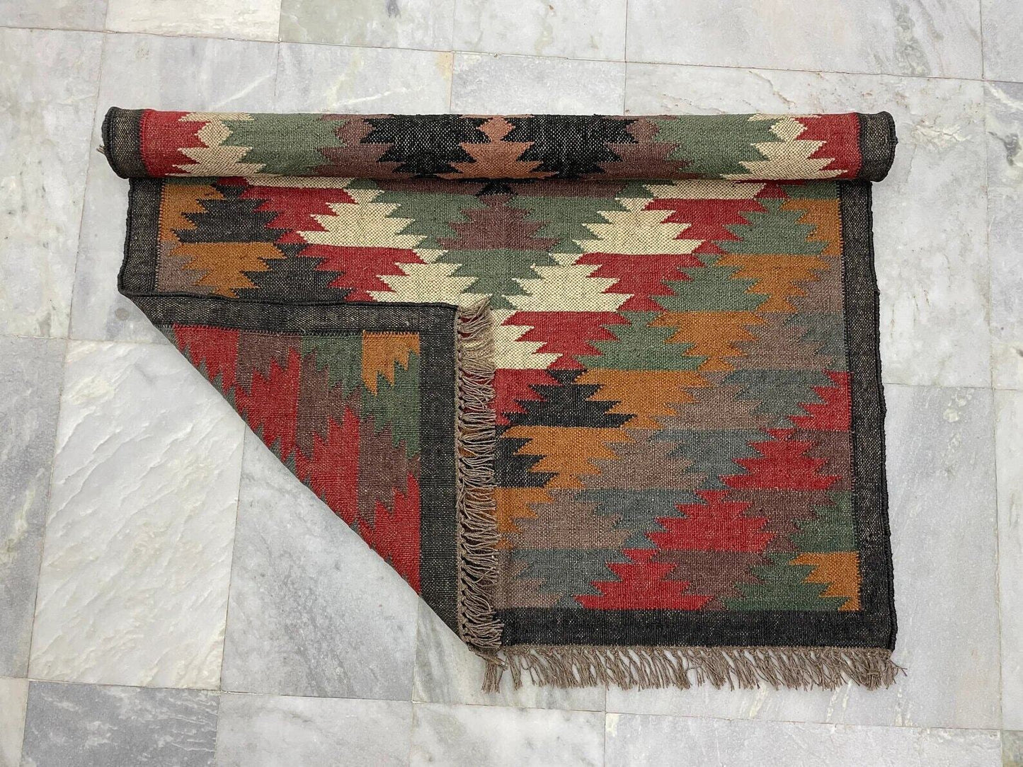 Wool Jute Rug Kilim Traditional Rustic Look Dhurrie Living Room Bedroom Carpet (KLM-43)