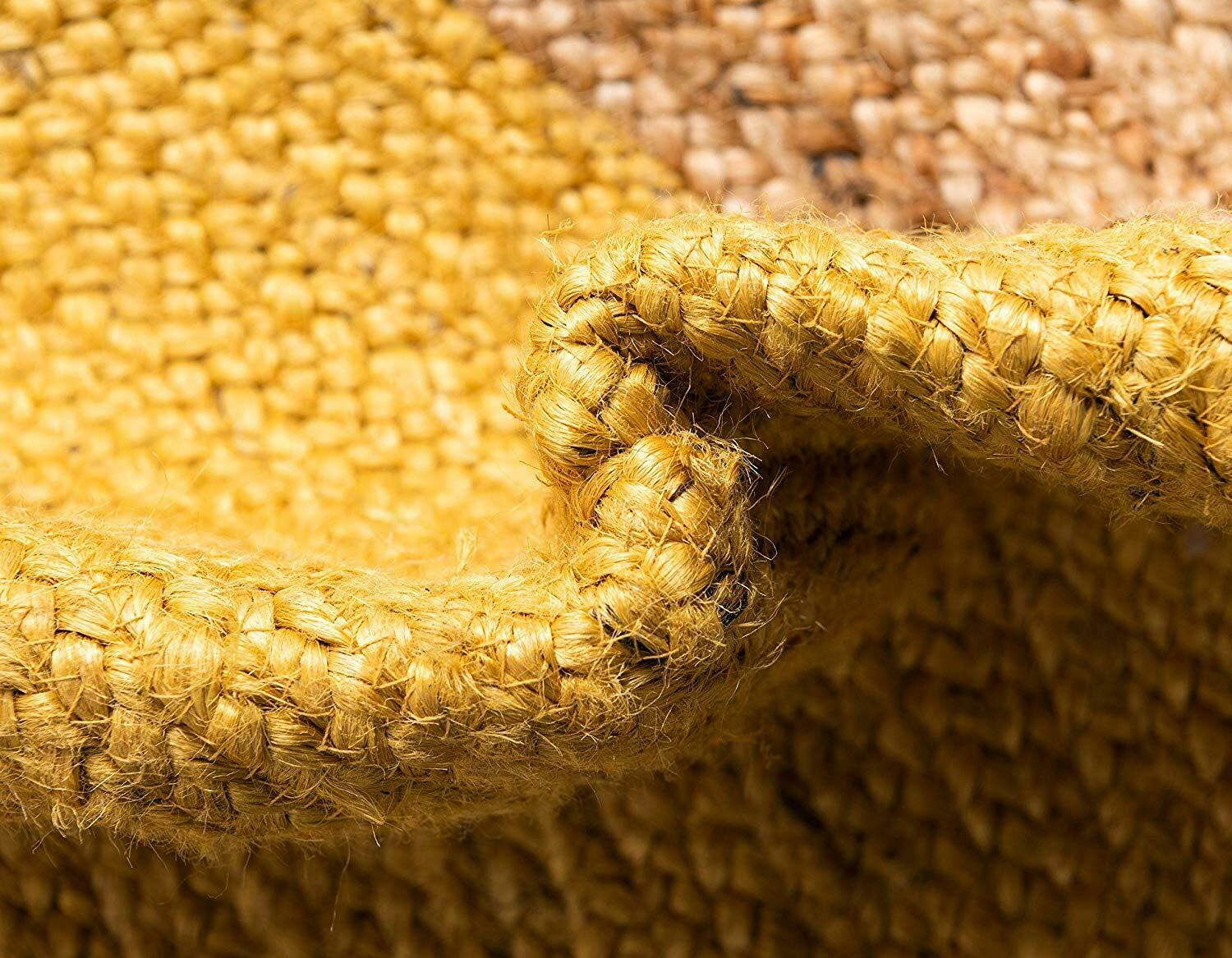 Ripaz Vogue - Tapis rond en jute tressé à la main aspect rustique jaune avec bordure beige 