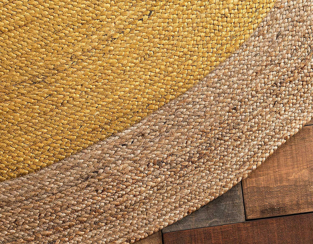 Ripaz Vogue - Tapis rond en jute tressé à la main aspect rustique jaune avec bordure beige 