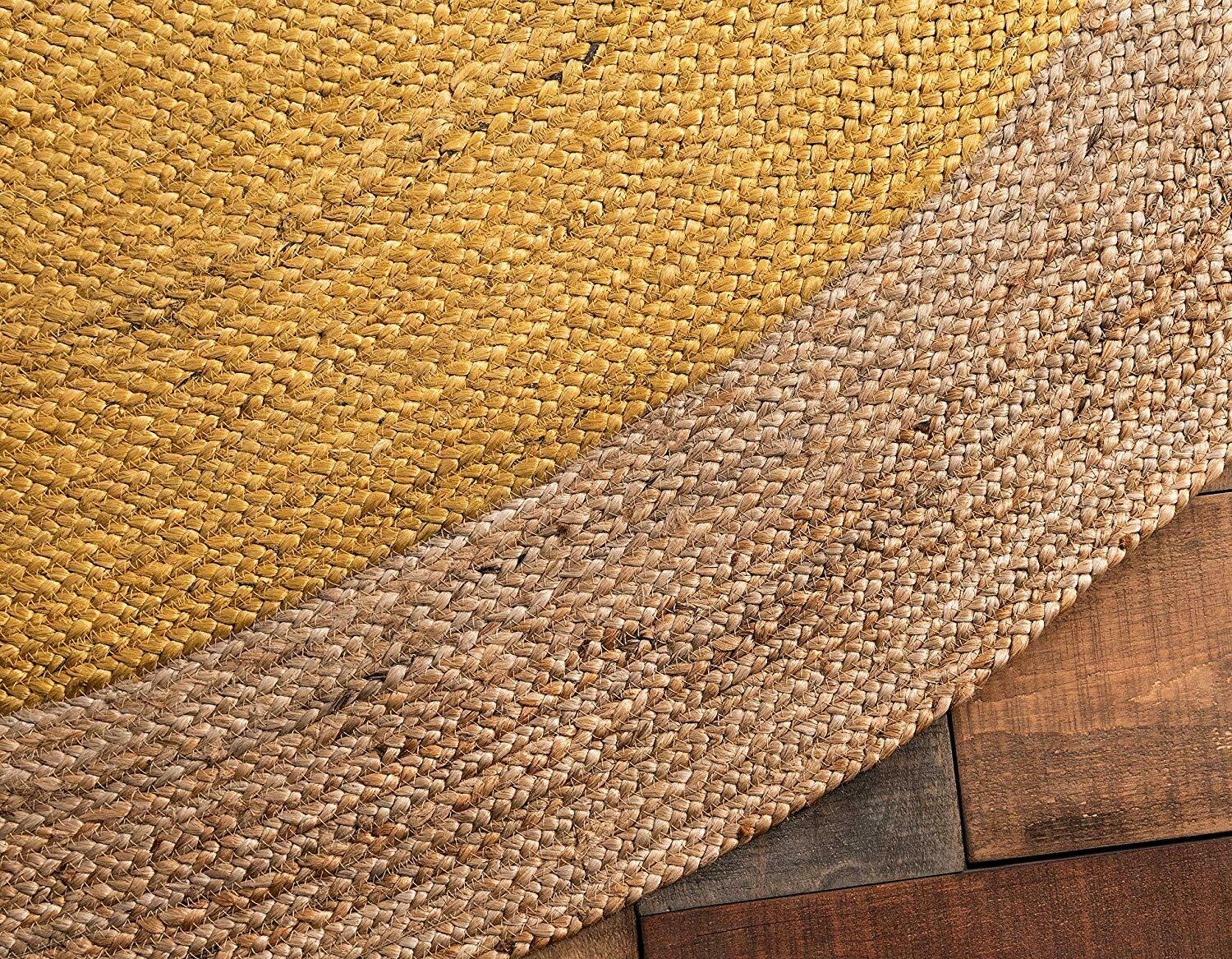 Ripaz Vogue - Tapis rond en jute tressé à la main aspect rustique jaune avec bordure beige 