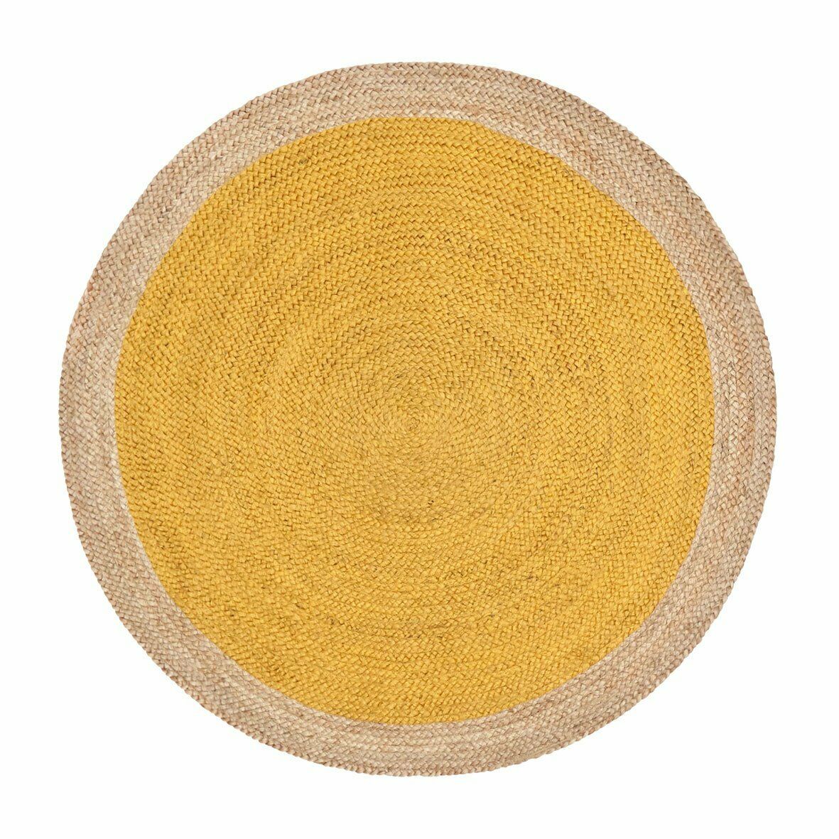 Ripaz Vogue - Tapis rond en jute tressé à la main aspect rustique jaune avec bordure beige 