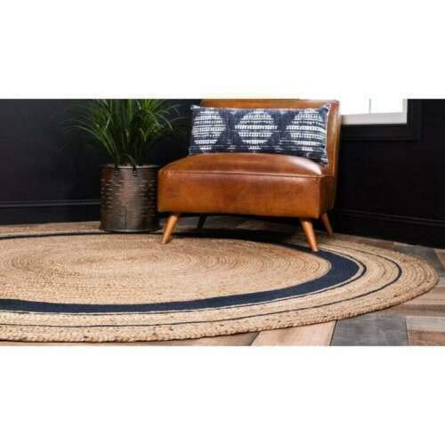 Tapis rond en jute Ripaz naturel avec bordure noire tissé à la main, naturel