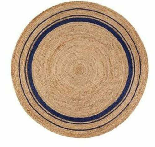 Ripaz Vogue - Tapis rond en jute tressé à la main aspect rustique beige avec bordure bleue 