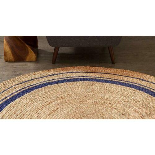 Ripaz Vogue - Tapis rond en jute tressé à la main aspect rustique beige avec bordure bleue 