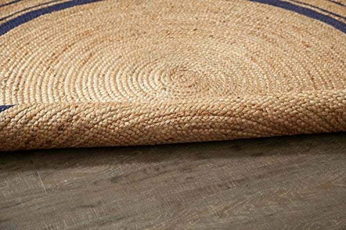 Ripaz Vogue - Tapis rond en jute tressé à la main aspect rustique beige avec bordure bleue 