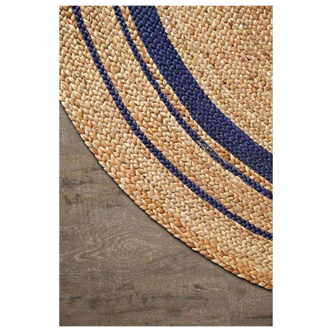 Ripaz Vogue - Tapis rond en jute tressé à la main aspect rustique beige avec bordure bleue 