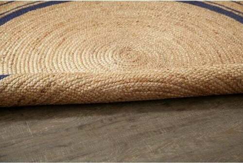 Ripaz Vogue - Tapis rond en jute tressé à la main aspect rustique beige avec bordure bleue 