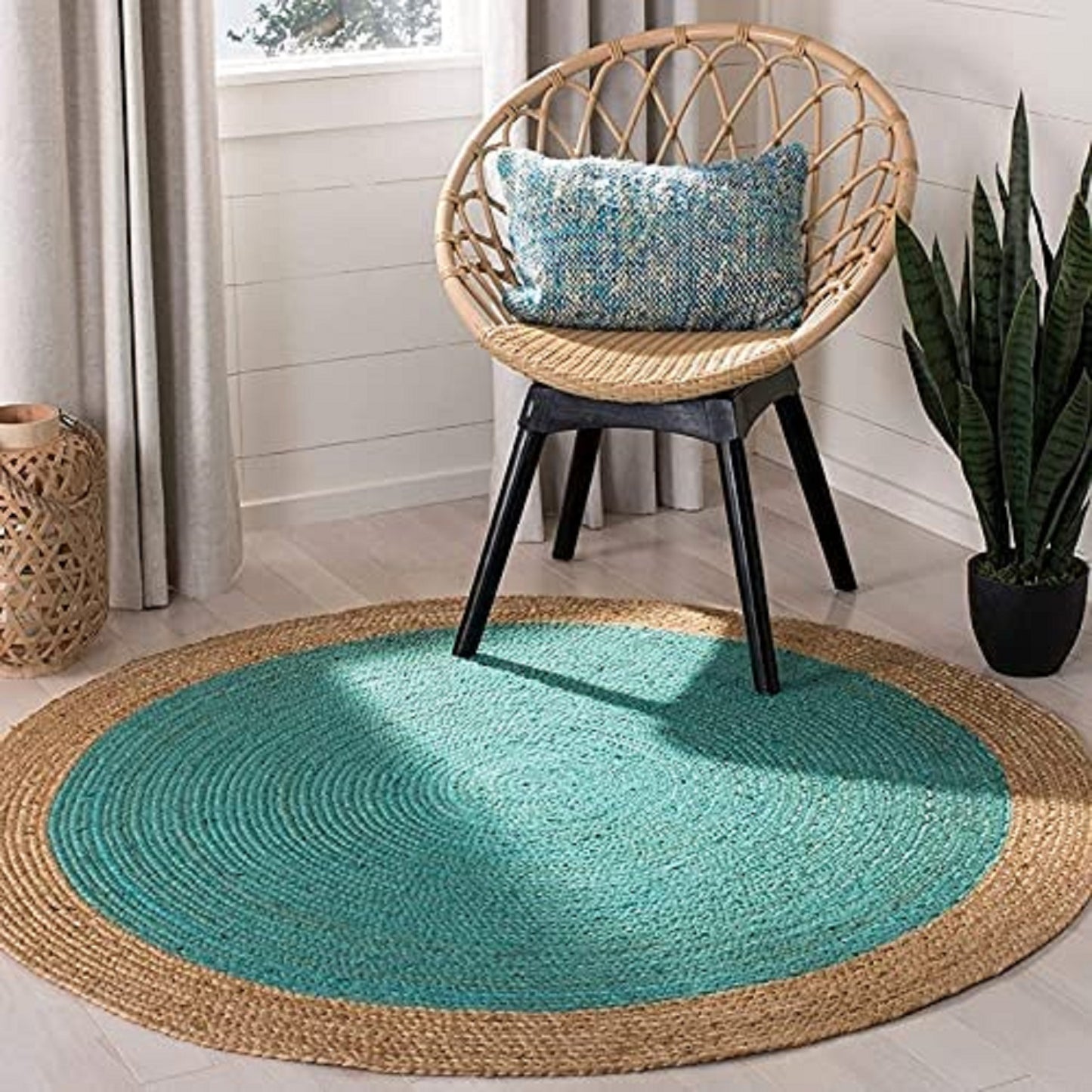 Ripaz Vogue - Runder Teppich aus Jute, handgeflochten, rustikaler Look, gelb mit natürlichem Rand 