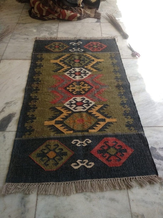 Wool Jute Rug Kilim Traditional Rustic Look Dhurrie Living Room Bedroom Carpet (KLM-15)