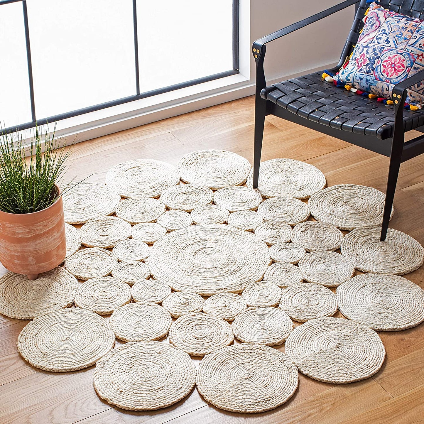 Jute Rug Round Circle Design Braided Jute Area Rug, White