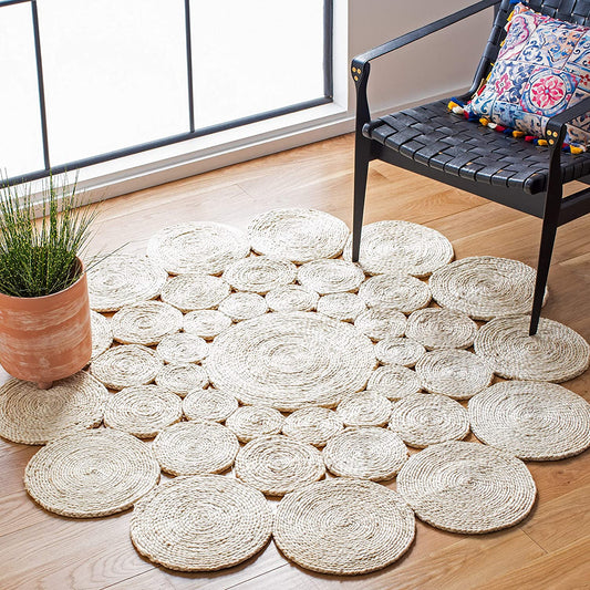 Jute Rug Round Circle Design Braided Jute Area Rug, White