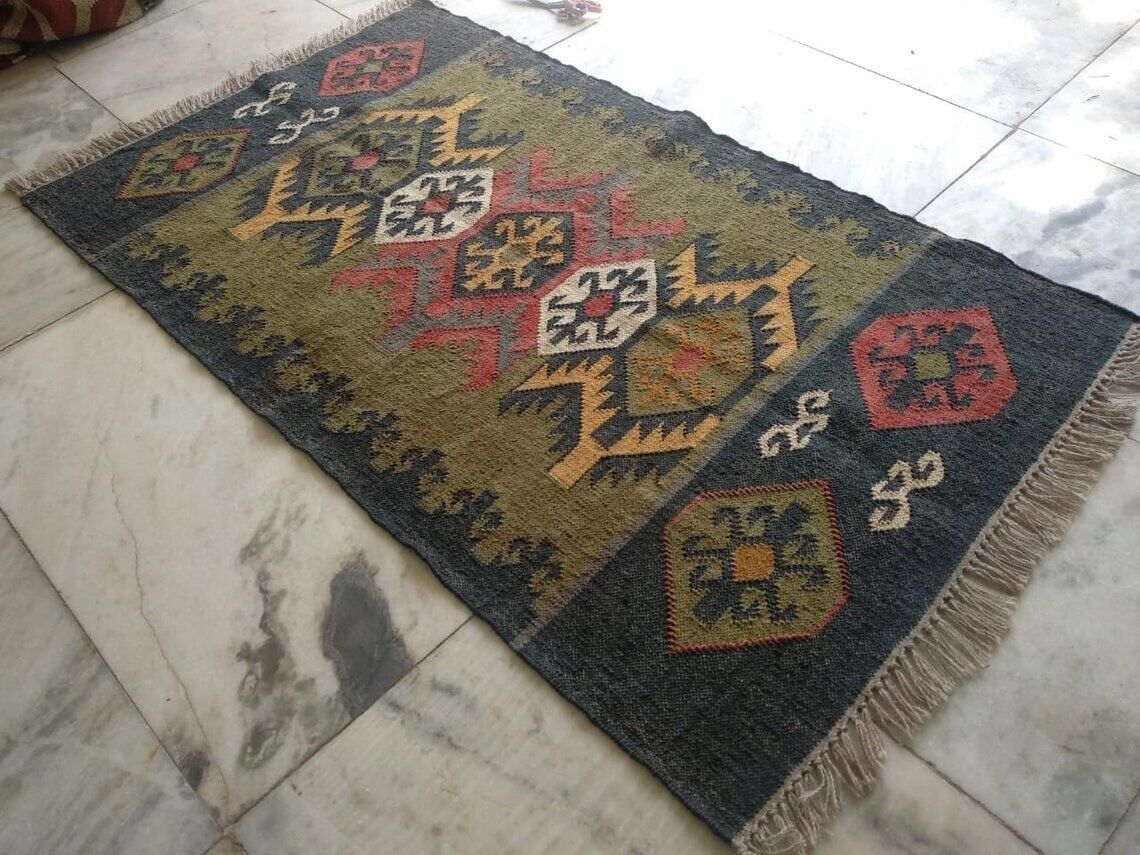 Wool Jute Rug Kilim Traditional Rustic Look Dhurrie Living Room Bedroom Carpet (KLM-15)