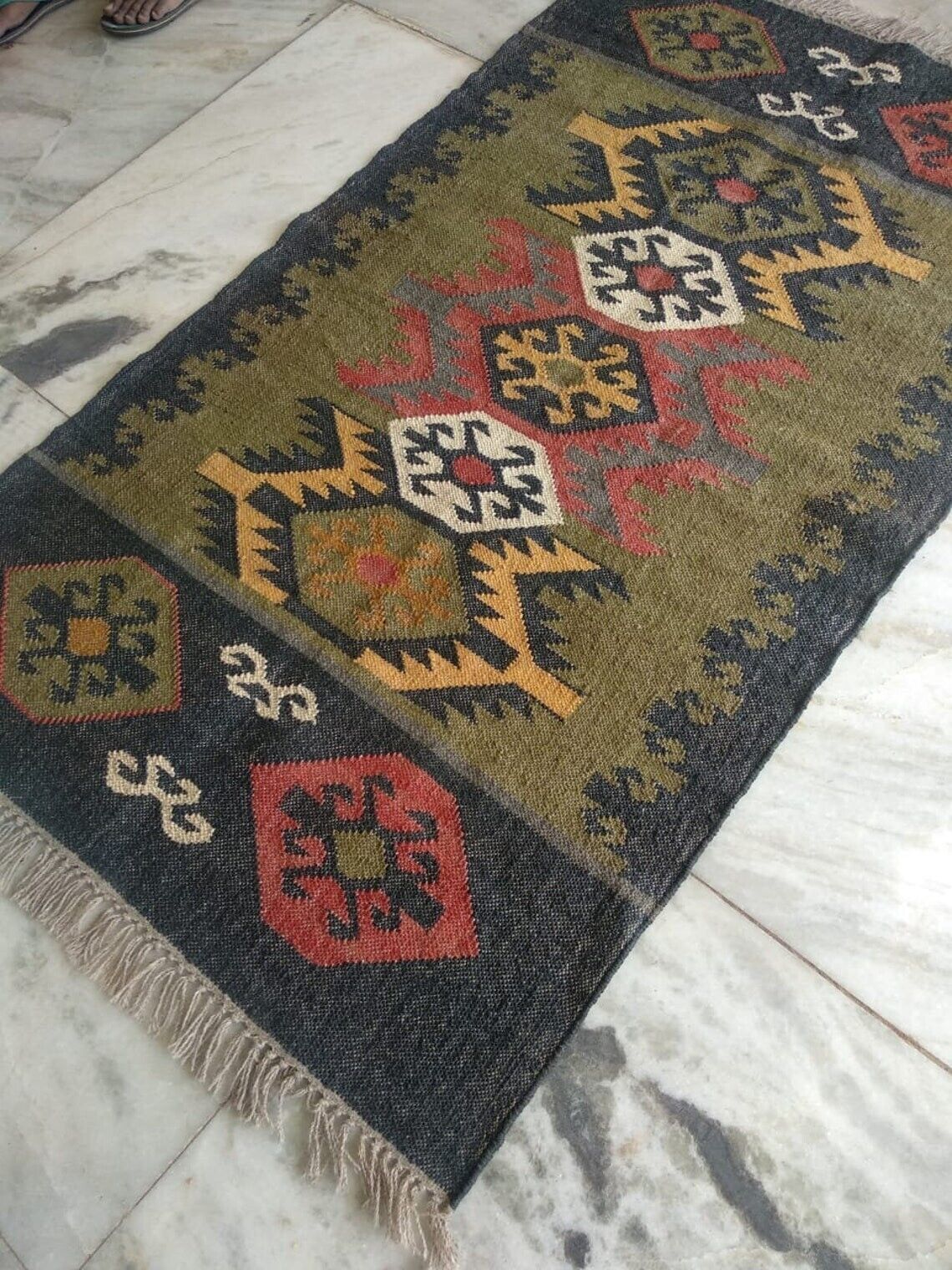 Wool Jute Rug Kilim Traditional Rustic Look Dhurrie Living Room Bedroom Carpet (KLM-15)