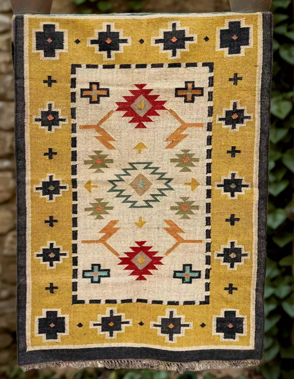 Wool Jute Rug Kilim Traditional Rustic Look Dhurrie Living Room Bedroom Carpet (KLM-76)