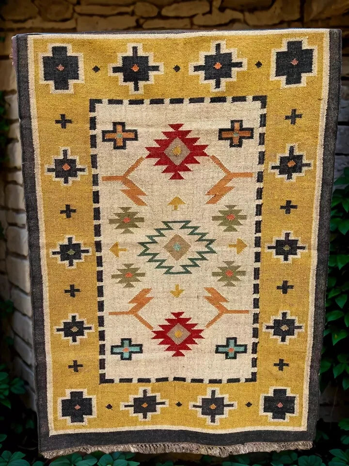 Wool Jute Rug Kilim Traditional Rustic Look Dhurrie Living Room Bedroom Carpet (KLM-76)