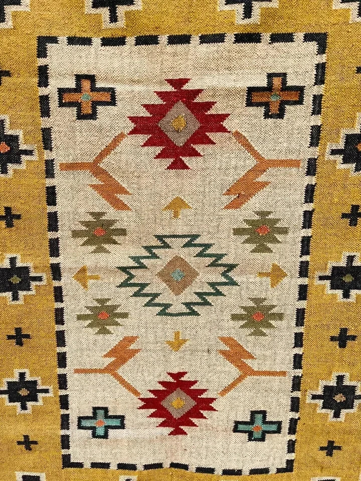 Wool Jute Rug Kilim Traditional Rustic Look Dhurrie Living Room Bedroom Carpet (KLM-76)