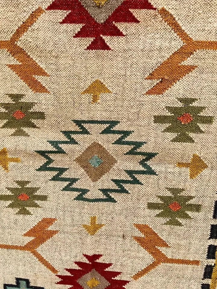 Wool Jute Rug Kilim Traditional Rustic Look Dhurrie Living Room Bedroom Carpet (KLM-76)