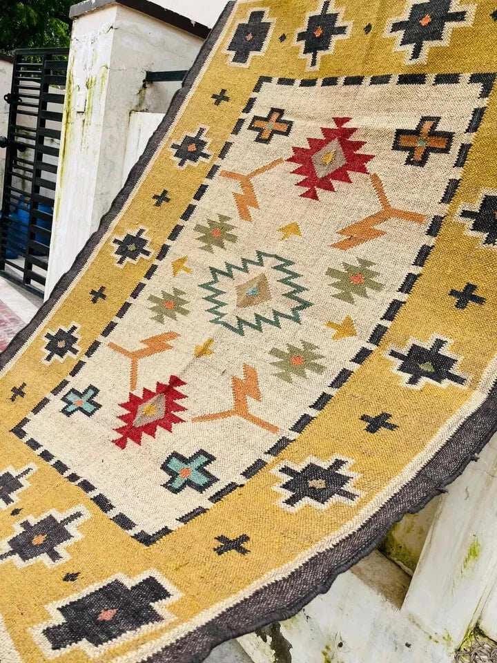 Wool Jute Rug Kilim Traditional Rustic Look Dhurrie Living Room Bedroom Carpet (KLM-76)