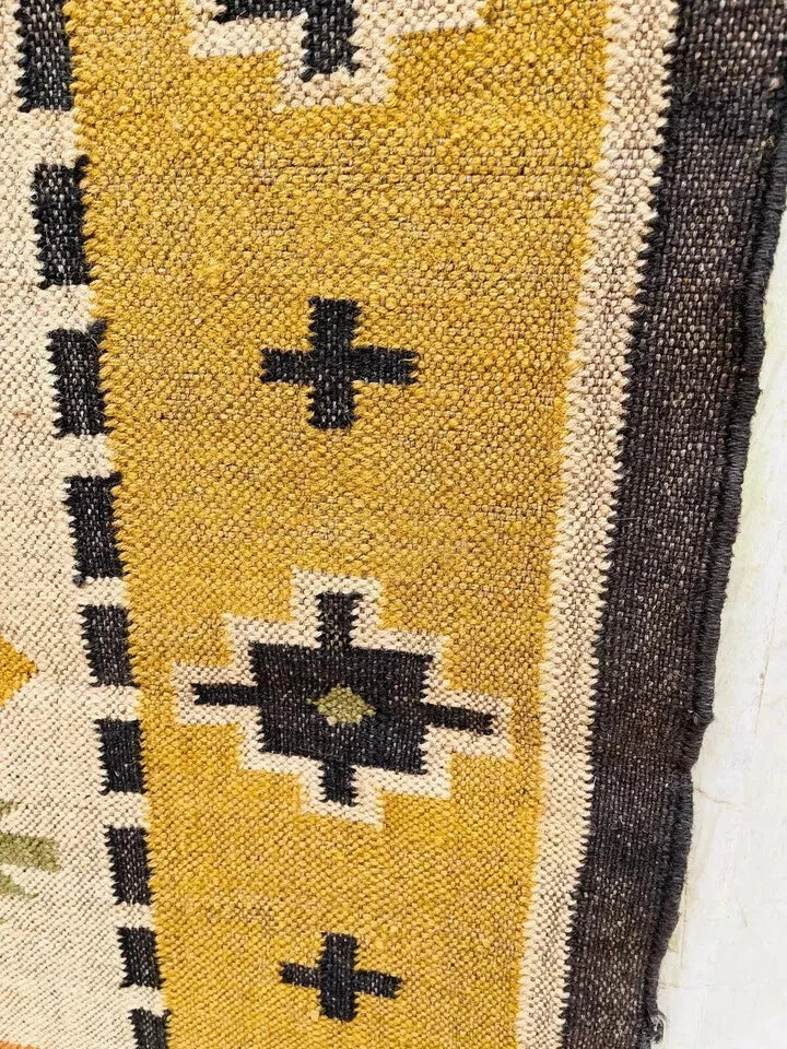 Wool Jute Rug Kilim Traditional Rustic Look Dhurrie Living Room Bedroom Carpet (KLM-76)
