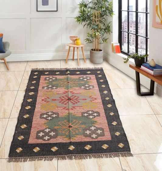 Wool Jute Rug Kilim Traditional Rustic Look Dhurrie Living Room Bedroom Carpet (KLM-77)