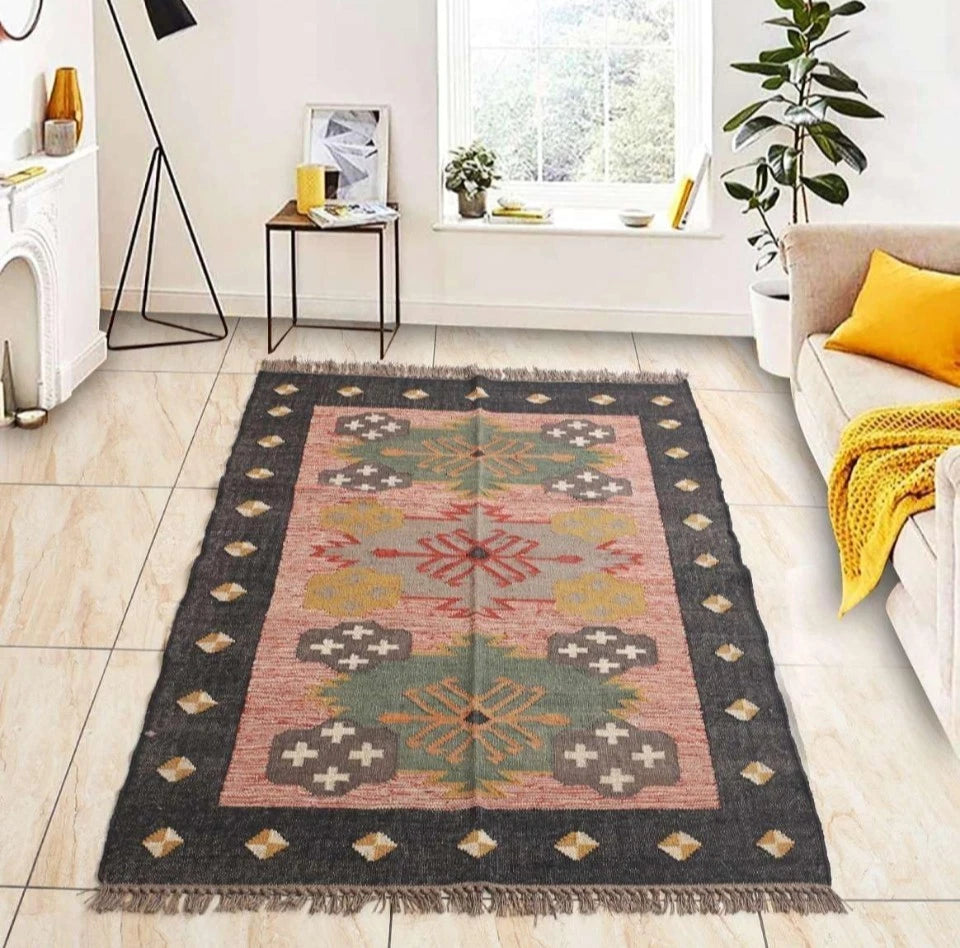 Wool Jute Rug Kilim Traditional Rustic Look Dhurrie Living Room Bedroom Carpet (KLM-77)