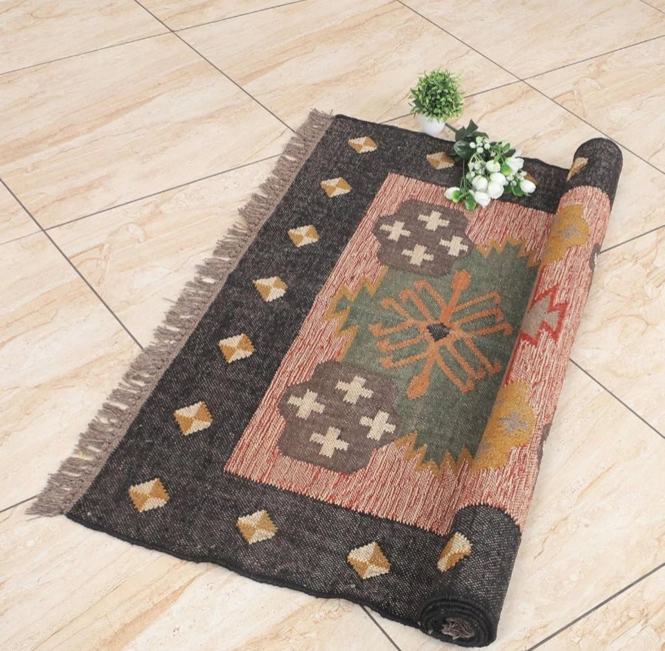 Wool Jute Rug Kilim Traditional Rustic Look Dhurrie Living Room Bedroom Carpet (KLM-77)
