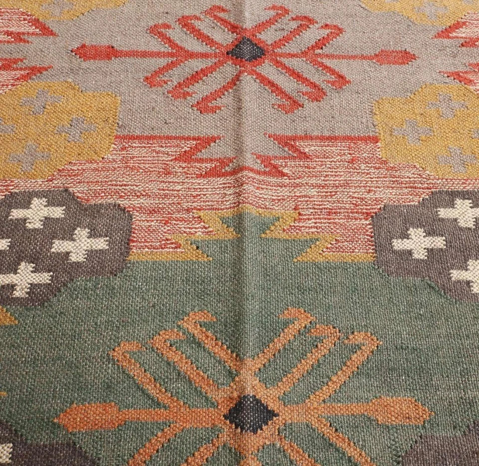 Wool Jute Rug Kilim Traditional Rustic Look Dhurrie Living Room Bedroom Carpet (KLM-77)