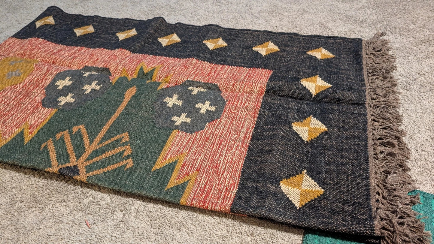 Wool Jute Rug Kilim Traditional Rustic Look Dhurrie Living Room Bedroom Carpet (KLM-77)